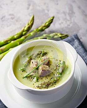 Asparagus soup in white bowl photo