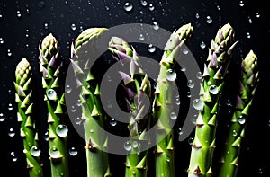 Asparagus stalks in a splash of water on the table.