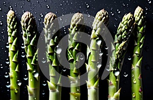 Asparagus stalks in a splash of water on the table.