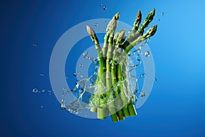 Asparagus suspended in midair against a bright blue backdrop