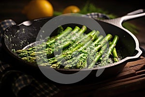 asparagus with their tops crisped in a playfully coated frying pan