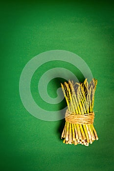 Asparagus tied with a thin string on a yellow summer background