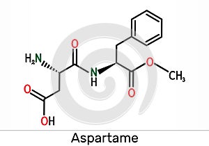 Aspartame, APM, molecule. Sugar substitute and E951. Skeletal chemical formula photo