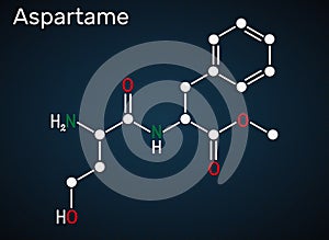 Aspartame, APM, molecule. Sugar substitute and E951. Structural chemical formula on the dark blue background photo
