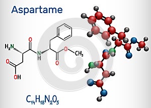 Aspartame, APM, molecule. Sugar substitute and E951. Structural chemical formula and molecule model photo