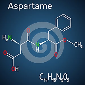 Aspartame, APM, molecule. Sugar substitute and E951. Structural chemical formula and molecule model on the dark blue background