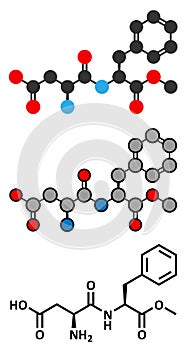 Aspartame artificial sweetener molecule sugar substitute. Stylized 2D renderings and conventional skeletal formula photo