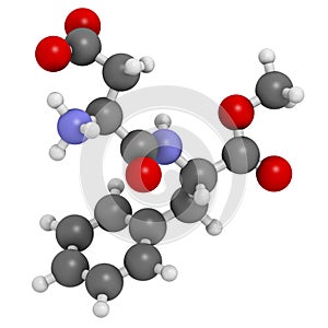 Aspartame artificial sweetener molecule. Used as sugar substitute. Atoms are represented as spheres with conventional color coding photo