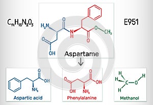 Aspartame, aspartic acid, phenylalanine, methanol molecule. Sugar substitute and E951. Structural chemical formula