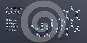 aspartame molecule 3d rendering, flat molecular structure with chemical formula and atoms color coding photo