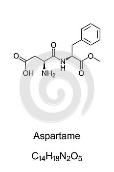 Aspartame sugar substitute molecule, skeletal formula photo