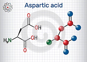 Aspartic acid L- aspartic acid, Asp, D, aspartate proteinogenic amino acid molecule. Sheet of paper in a cage. Structural photo