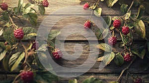 aspberry fruit plant tree on wood background