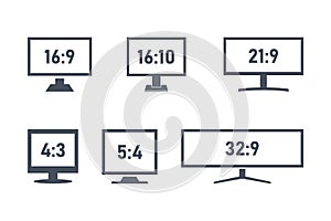 Aspect ratio size icon set, standart and widescreen monitors or tv signs