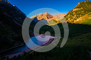 Aspen Colorado Sunrise at The Maroon Bells aerial drone view high above the Valley