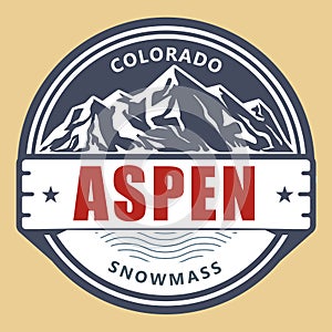 Aspen label, snowmass village in Colorado emblem, winter ski resort stamp, Aspen emblem with snow covered mountains