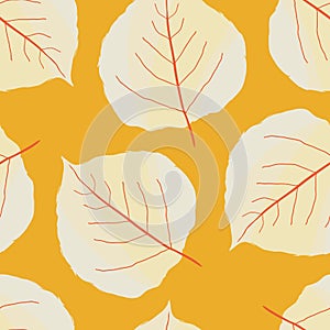 Aspen leaf seamless vector pattern background. Beautiful pastel yellow hand drawn leaves with veins on orange backdrop