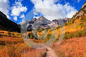 Aspen trees fall foliage at Maroon bells mountains in Colorado