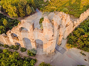 Aspendos Ancient City. Aspendos acropolis city ruins, cisterns, aqueducts and old temple. Aspendos Antalya Turkey