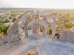 Aspendos Ancient City. Aspendos acropolis city ruins, cisterns, aqueducts and old temple. Aspendos Antalya Turkey