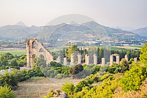 Aspendos Ancient City. Aspendos acropolis city ruins, cisterns, aqueducts and old temple. Aspendos Antalya Turkey