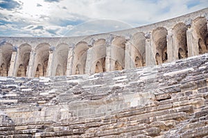 Aspendos Ancient City. Aspendos acropolis city ruins, cisterns, aqueducts and old temple. Aspendos Antalya Turkey