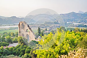 Aspendos Ancient City. Aspendos acropolis city ruins, cisterns, aqueducts and old temple. Aspendos Antalya Turkey