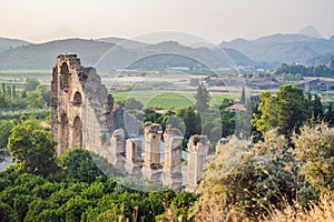 Aspendos Ancient City. Aspendos acropolis city ruins, cisterns, aqueducts and old temple. Aspendos Antalya Turkey