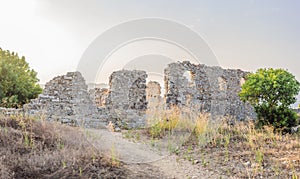 Aspendos Ancient City. Aspendos acropolis city ruins, cisterns, aqueducts and old temple. Aspendos Antalya Turkey
