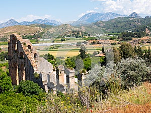 Aspendos ancient city. Aspendos aqueducts ruins. Turkey