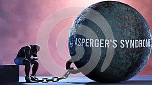 Aspergers syndrome and an alienated suffering human. A metaphor showing Aspergers syndrome as a huge prisoner's ball bri