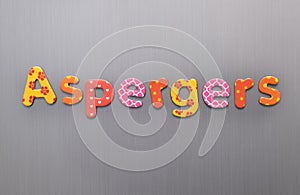 Aspergers word spelled out in bright colorful patterened letters on brushed metal background