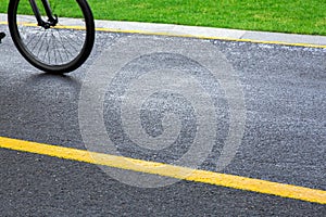 Asphalt bicycle path wet after rain with yellow markings.