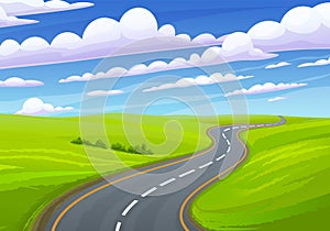 Asphalt highway on landscape background. Road going to nature, way to vacations, traveling place