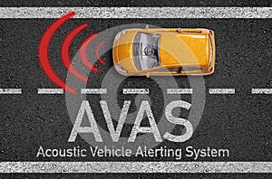 Asphalt with miniature car and AVAS Acoustic Vehicle Alerting System
