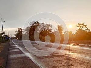 Asphalt paved road wet with rain on the side of the road beside the bush tree, Silhouette sunset shines bright orange color