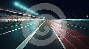 Asphalt racing track finish line and illuminated race sport stadium at night. Generative Ai