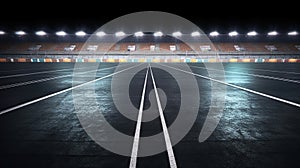 Asphalt racing track finish line and illuminated race sport stadium at night. Generative Ai