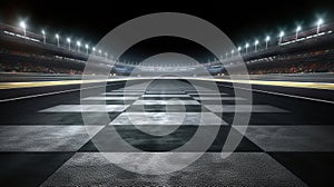 Asphalt racing track finish line and illuminated race sport stadium at night. Generative Ai