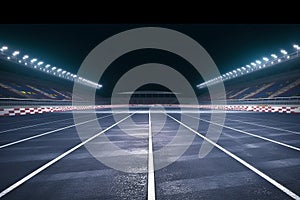 Asphalt racing track finish line and illuminated race sport stadium at night. Professional digital 3d illustration of racing