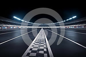 Asphalt racing track finish line and illuminated race sport stadium at night. Professional digital 3d illustration of racing