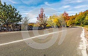 Asphalt road through autumn forest in mountains