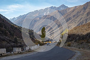 asphalt road with car in high mountains