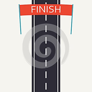 Asphalt road with finish line. Race design template in flat style. Top view background. Vector illustration