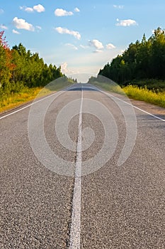 An asphalt road in the forest under a blue sky with clouds.