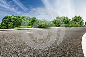 Asphalt road in front of the green woods