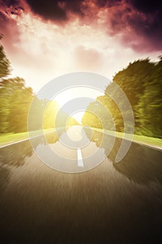 Asphalt road in green forest.