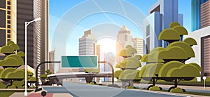 Asphalt road with information banner traffic signs city skyline modern skyscrapers cityscape sunshine background flat