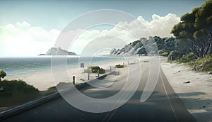 Asphalt road leading to the sea. 3D Rendering.