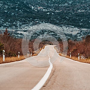 Asphalt road panorama in countryside on cloudy day. Road in forest under dramatic cloudy sky.